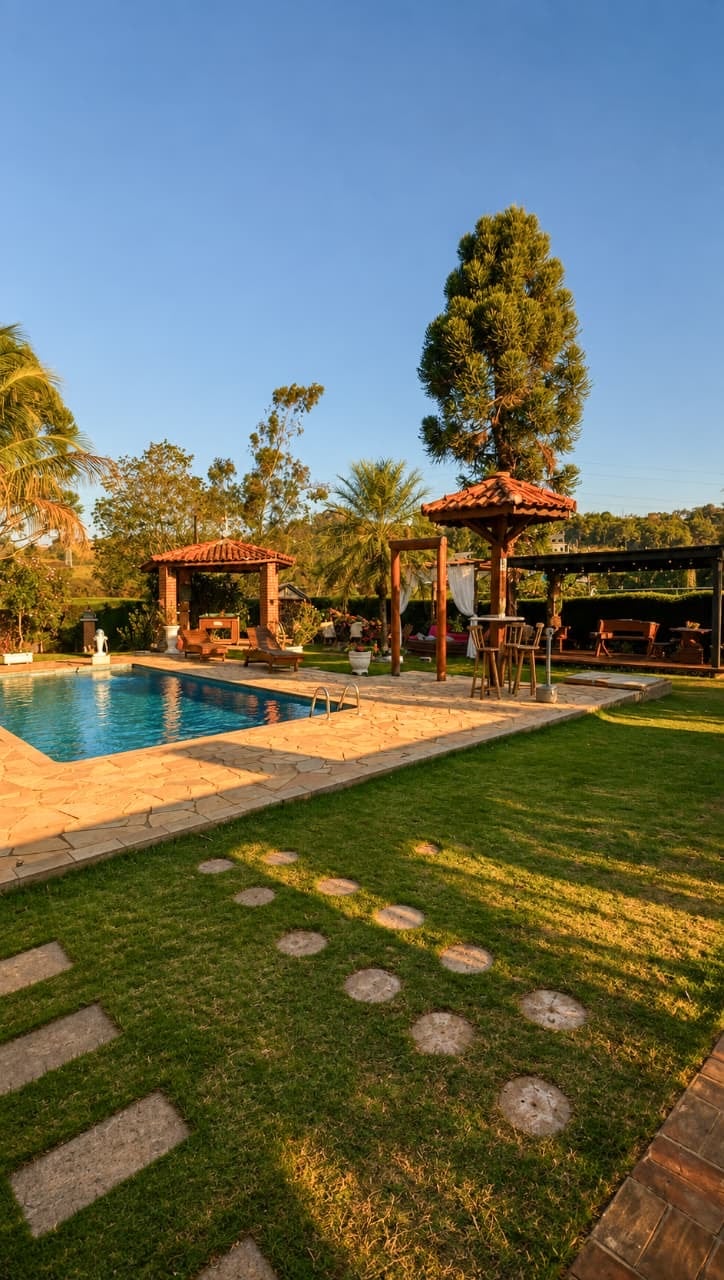 Piscina, gazebos e pergolado ao fim da tarde na Chácara Theodora